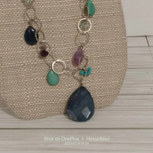 LOFT Silver Tone Link Blue Mix Beads Necklace 26" - Picture 2 of 9